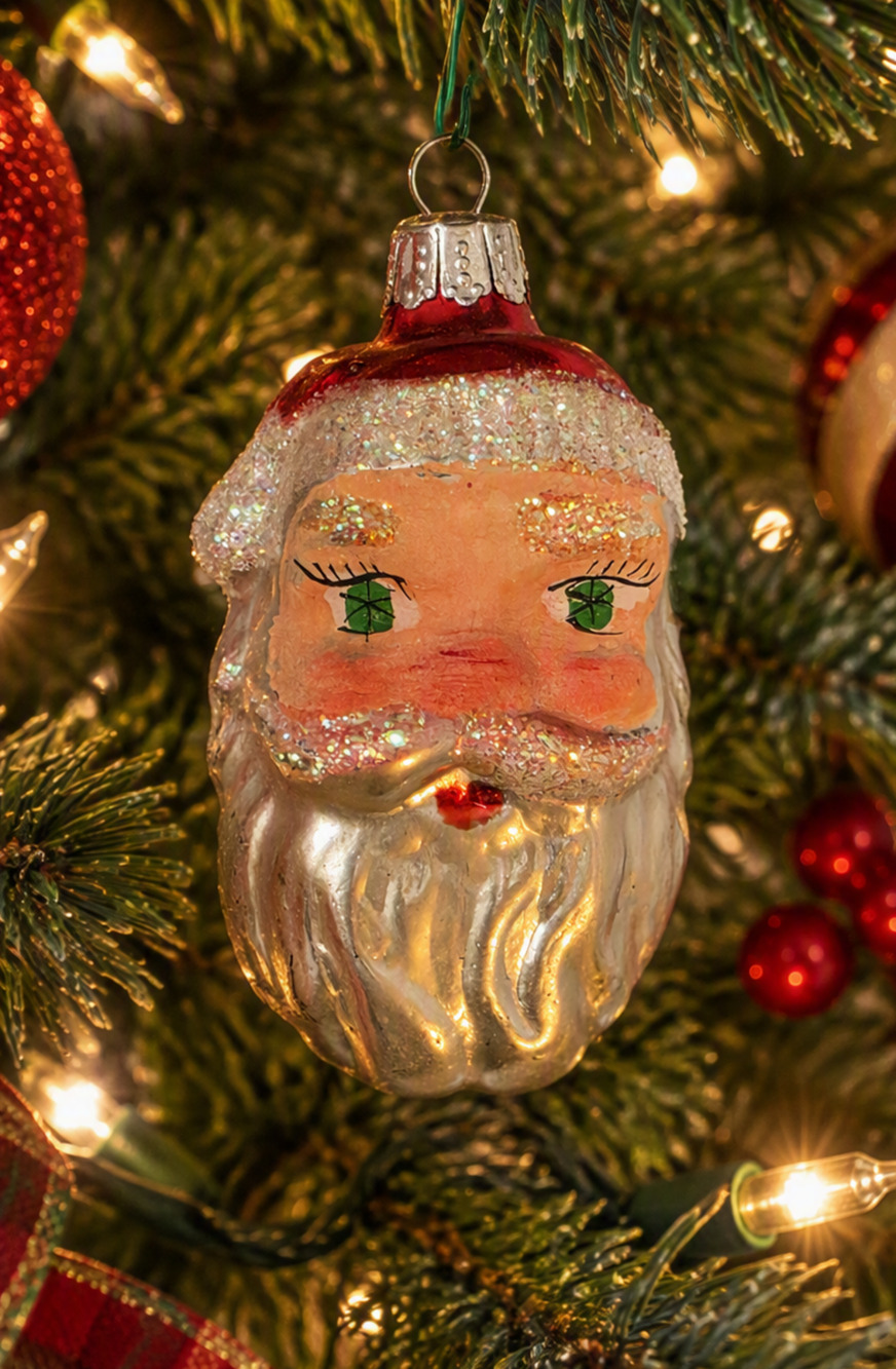 VTG HAND-PAINTED SANTA FACE W Green Eyes Red Hat Blown GLASS CHRISTMAS ORNAMENT